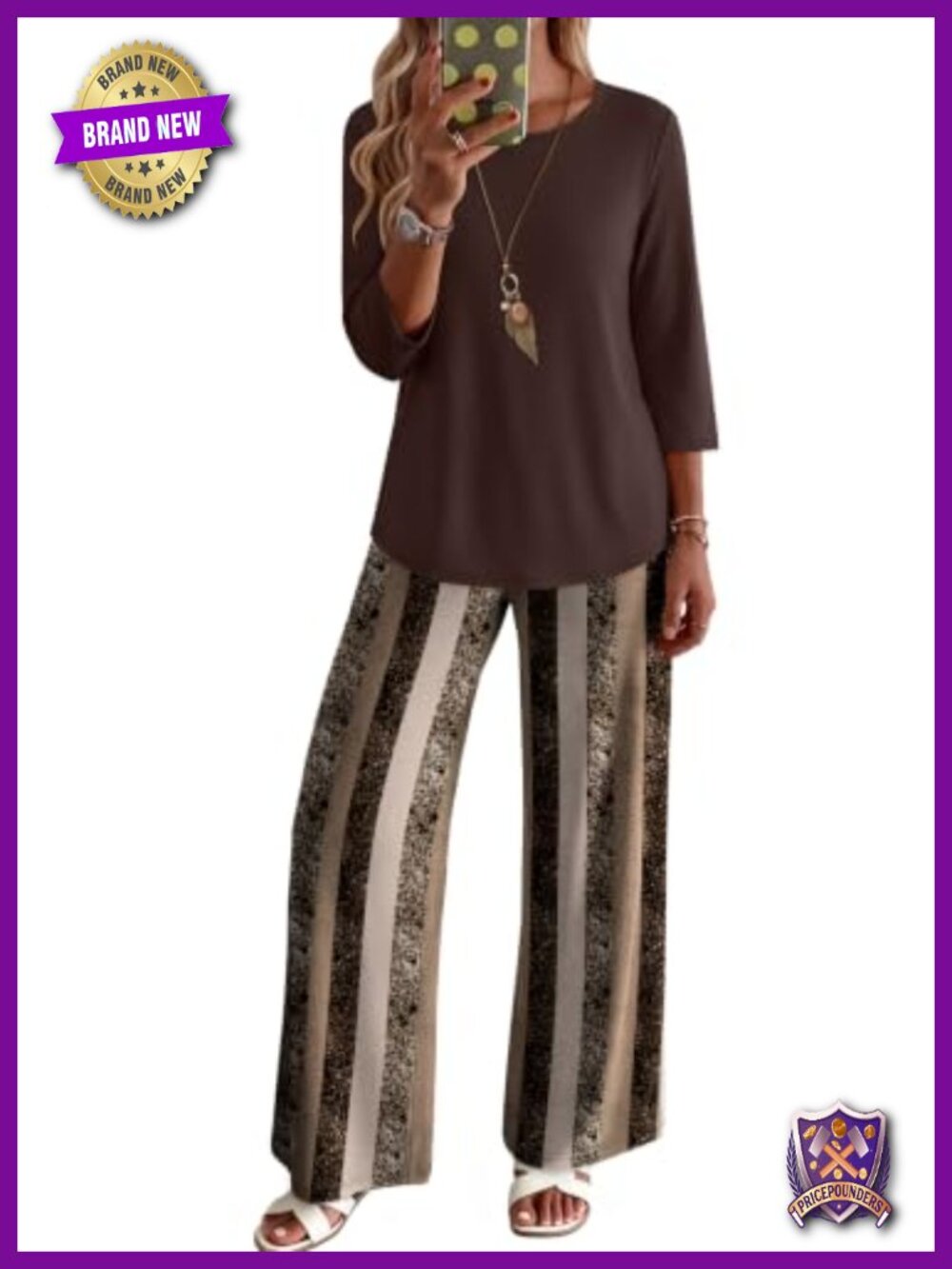 Two Piece Lounge Set 3/4 Sleeve Top & Printed Pants with Pockets